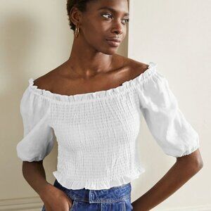 BODEN Carrie Smocked Linen Top in White
